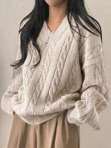 EAVA 女款極簡 V 領寬鬆休閒針織上衣，低調老錢風，情人節 - 香檳色 - 查看 1
