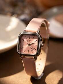 1pc Women's Silver Frame Pink Small Watch, Pink Leather Strap, Minimalist Gentle Elegant Style, Simple Square Light Pink Dial, Exquisite Women's Hand Accessory, Versatile For Daily Wear, Suitable For Graduation Commemoration, As A Luxury Pink Accessory Gift For Women - Pink - View 3