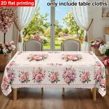 Tablecloth Only, 2D Flat, 1pc Romantic Vintage Rose & Daisy Pattern Tablecloth, French Elegant Floral Print Rectangular Tablecloth, Suitable For Home Kitchen Dining Table, Indoor & Outdoor - A - View 1