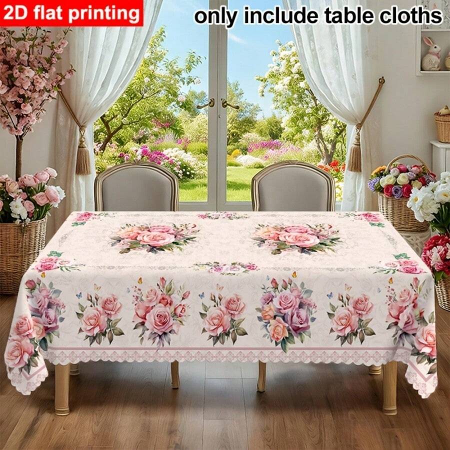 Tablecloth Only, 2D Flat, 1pc Romantic Vintage Rose & Daisy Pattern Tablecloth, French Elegant Floral Print Rectangular Tablecloth, Suitable For Home Kitchen Dining Table, Indoor & Outdoor - A - View 1