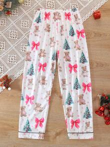 2pcs/Set Christmas Children's Short Sleeve Pajama Set, Flame Retardant Fabric, Christmas Tree Cartoon Bear Print Pattern, Lapel Short Sleeve Cardigan And Long Pants Set, All Season Wear, Home Wear, Comfortable And Loose, Girls Medium And Large Children - White - View 8