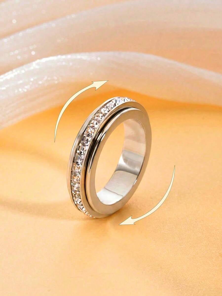 1 buah Cincin Putar Ganda Stainless Steel dengan Zirkonia Persegi, Cincin Keberuntungan Spinner