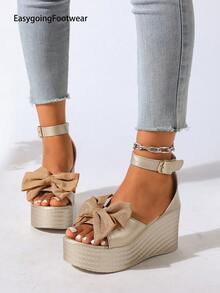 Women's Bow Open Toe Wedge Platform Sandals, Peep Toe Back Strap Ankle Buckle, Suitable For Outdoor, Party, Gathering - Gold - View 2