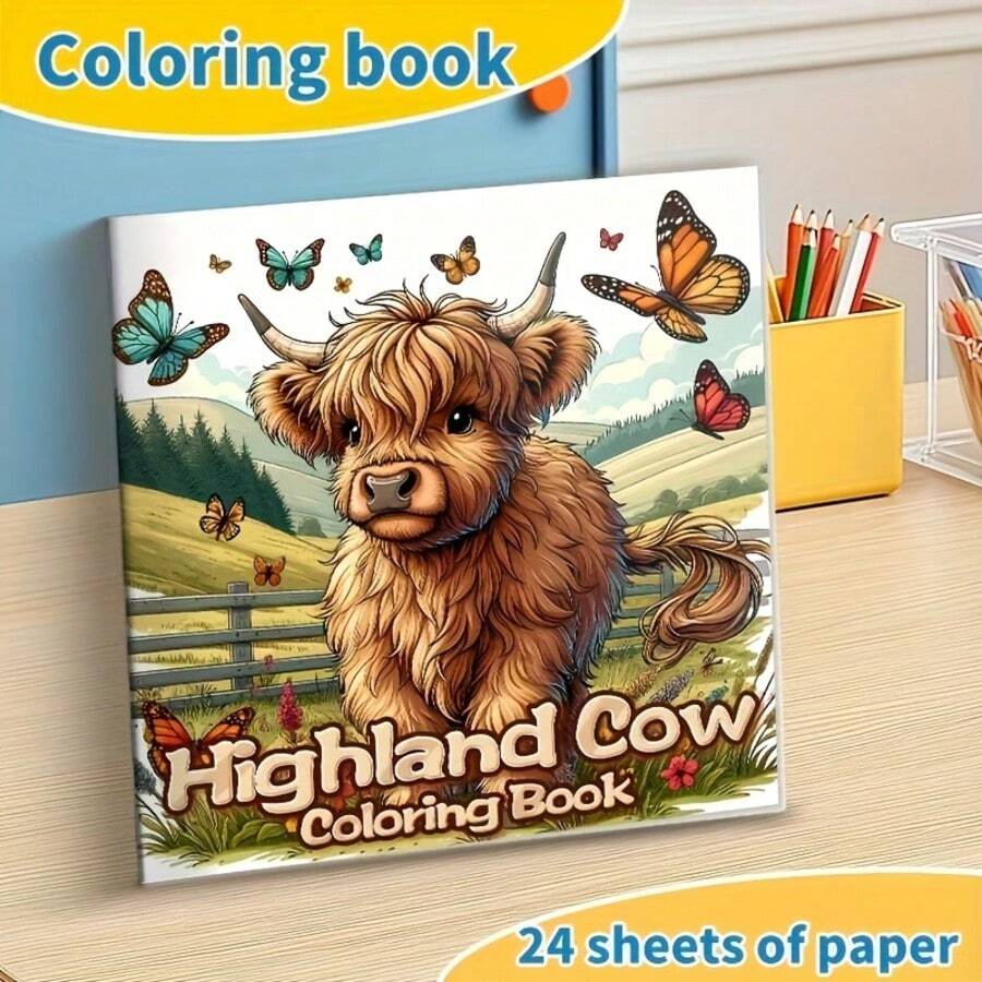 1pc Highland Cow Coloring Book, 24 Single-Sided Designs, Thick Smooth Paper - Relaxing Stress Relief Home Coloring Book, Suitable As Birthday Or Holiday Party Gift