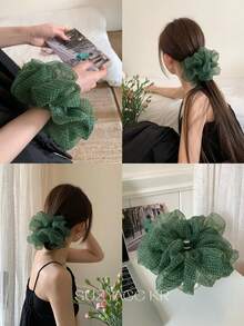 1pc Fresh Polka Dot Mesh Thin Scrunchie, Suitable For Gentle Mori Style Girls Daily Commute, Travel, Dating Wear, Semi-Transparent Lightweight Mesh Fabric, Fully Allover Print Small Polka Dots, Fluffy Large Flower Shape, Elastic Soft Not Tight On Hair, Tie Ponytail Bun, Create Fresh Atmosphere Fabric Hair Tie - Multicolor - View 4