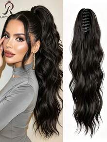 Dark Brown & Black Claw Ponytail Hair Extensions, Light Brown Base Color, 24 Inch Water Wave Heat Resistant Synthetic Fiber Ponytail Wig, Suitable For Women's Daily Use Short Hair Accessory - Multicolor - View 18