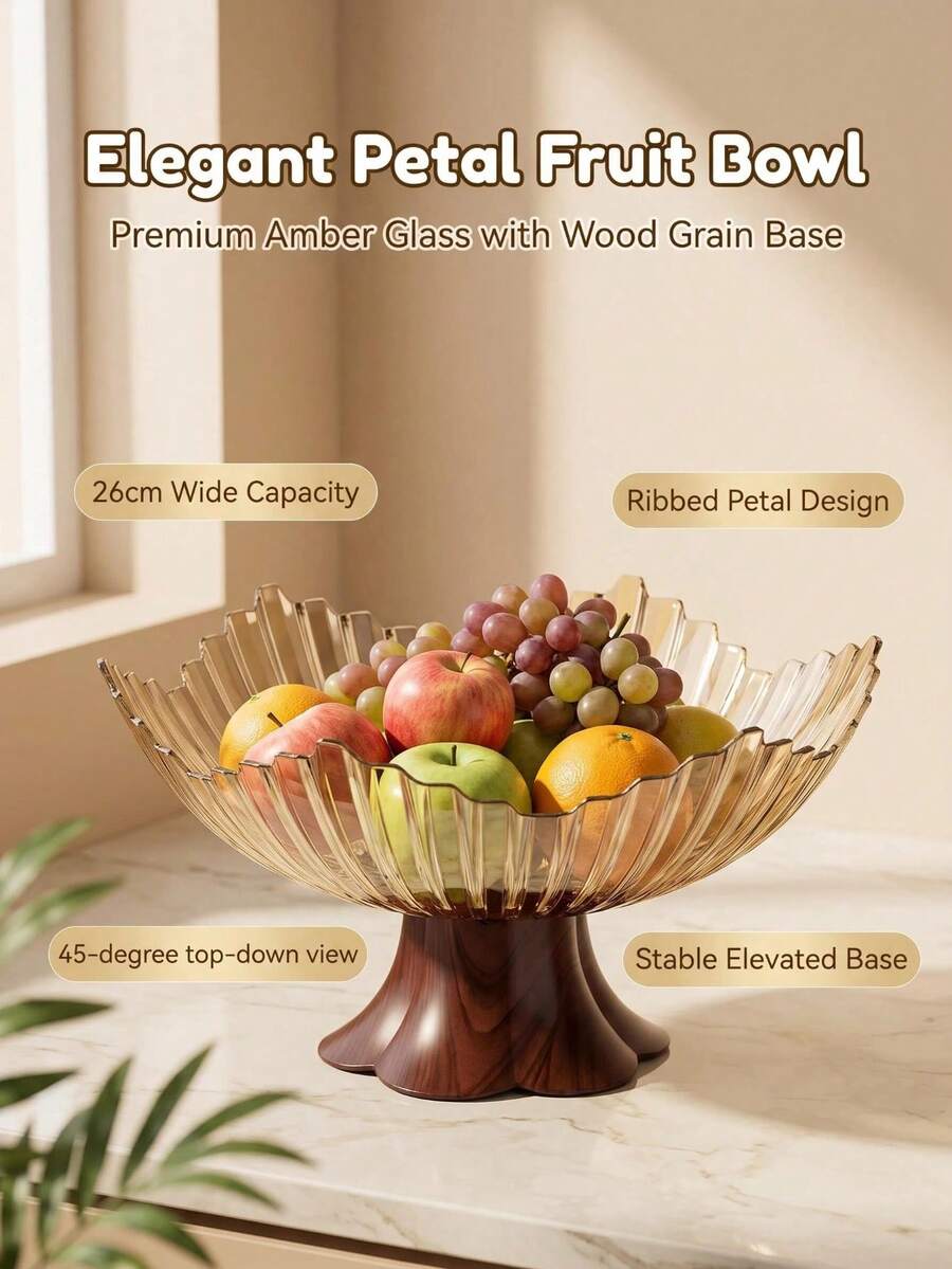 1pc Wood Grain Base High Foot Fruit Bowl: Made Of Thickened PP Material, Scratch-Resistant, Wear-Resistant And Odorless. Suitable For Storing Fruits, Snacks, Candies, Afternoon Tea Desserts, Etc. Detachable Base For Easy Cleaning.