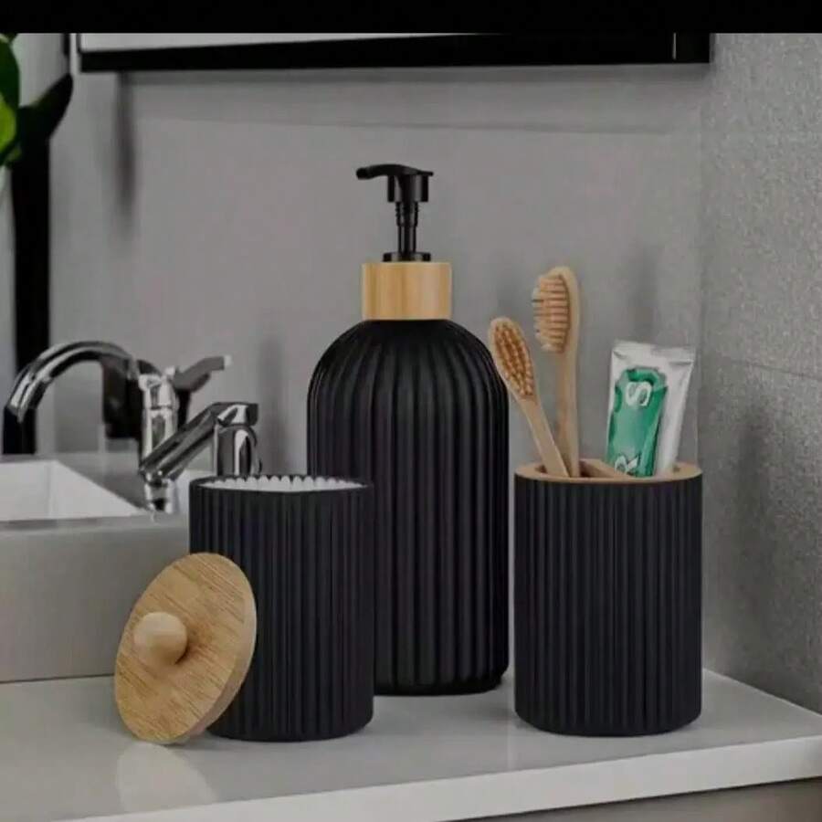 1pc Black Matte Refillable Bathroom Set, Manual Pump Lotion Soap Dispenser, Toothbrush Cup, Toothbrush & Toothpaste Holder - Black - View 1