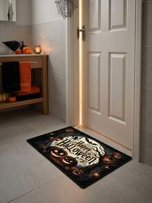 1PC Black Background Orange Yellow Full Moon Pumpkin Lantern Bat Pattern Entryway Doormat, Vintage Halloween Style Crystal Velvet Rectangular Spider Web Street Light Detail Machine Washable Doormat, Suitable For Halloween Party Entrance Garden Decor - Multicolor - View 5