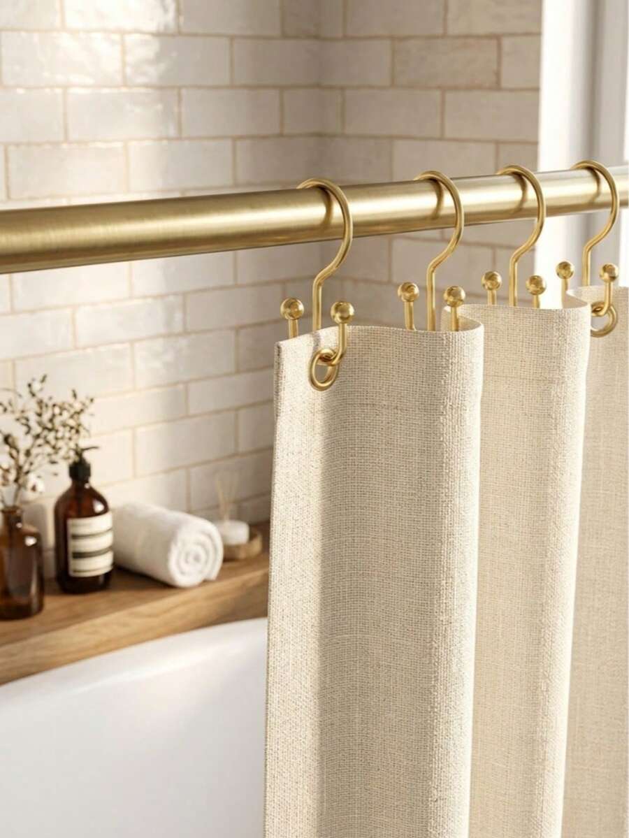 12pcs Rust-Proof Double Roller Shower Curtain Rings, Aesthetic Mountain Shape Metal Shower Curtain Hooks, Suitable For Shower Curtains And Liners, Smooth Sliding Heavy Duty Hanging Rings, Modern Bathroom Accessories, Star Wand (12pcs Set) - Gold - View 1