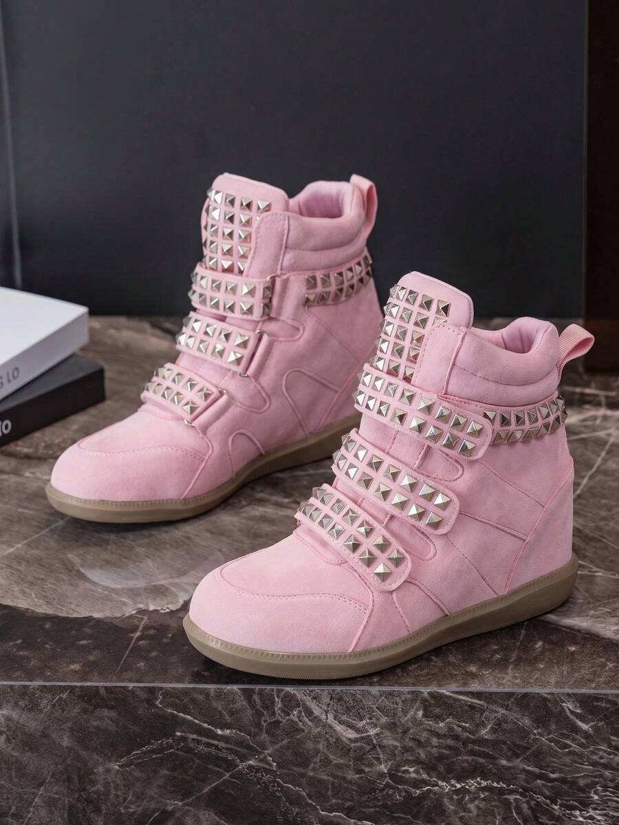 Women's Sports Shoes Rivet Invisible Height Increase Hook And Loop Design Fashion High-Top Casual Shoes Daily Wear - Pink - View 1