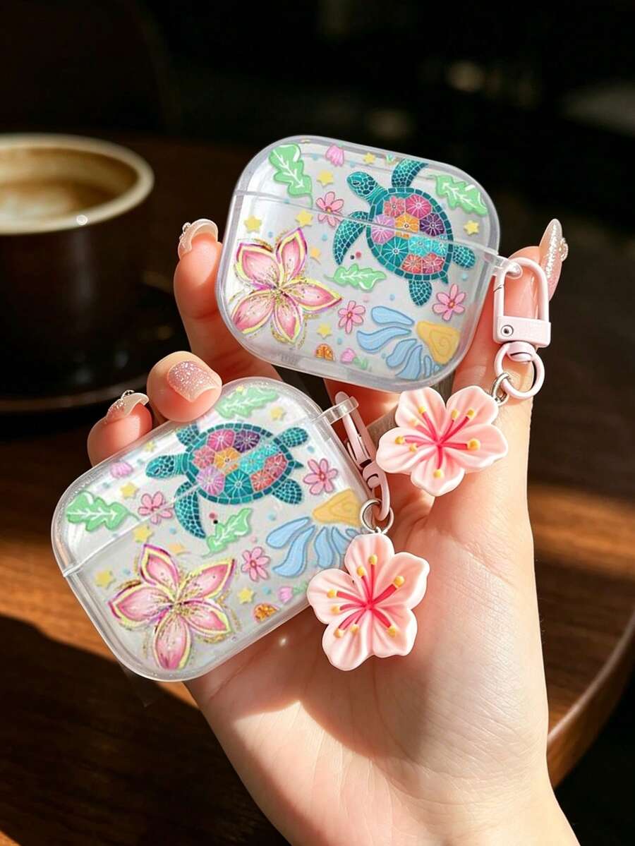 Flower Turtle Printed Clear TPU Earphone Case With Flower Charm Bracelet, Full‑Cover Protective Cover For AirPods 1/2/3/Pro/Pro2/Pro3 - Multicolor - View 1