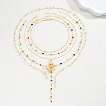 Exquisite Y-Shaped Colorful Diamond Flower Tassel Necklace, Luxury Multi-Layer 5-Piece Necklace Set - Gold - View 3