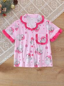 2pcs/Set Christmas Children's Short Sleeve Pajama Set, Flame Retardant Fabric, Cartoon Santa Claus Print Pattern, Ruffle Design On Cuffs, Hem And Pockets, Lapel Short Sleeve Cardigan And Long Pants Set, Suitable For All Seasons, Comfortable And Loose For Home Wear, Girls Middle And Big Tween Girl - Pink - View 4