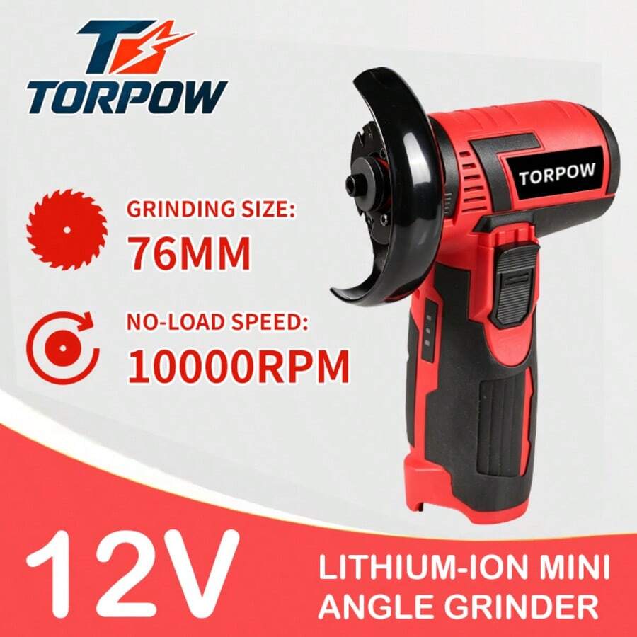 TORPOW Mini Lithium Battery Angle Grinder 12V Small Handheld Polishing Machine 76mm Cutting Disc Home Metal Wood Polishing Rust Removal Rechargeable Cutting Machine - Red - View 1