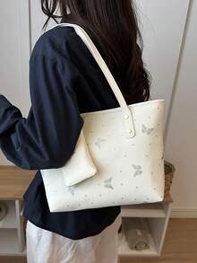 1pc Women's Fashion Commuter Solid Color All-Season Random Print Shoulder Bag, Versatile Large Capacity Butterfly Print Tote Bag, Suitable For Commuting, Travel, Outings - White - View 3