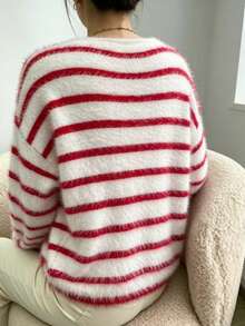 Autumn V-Neck Striped Fine Fluffy Knit Sweater - Red and White - View 2