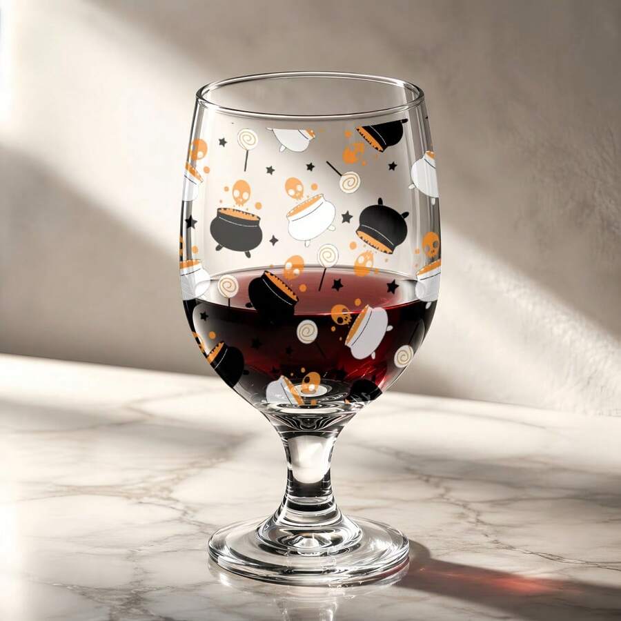 1pc Glass Wine Cup, Printed With Halloween Skull And Cauldron Pattern, Capacity 11.48oz/339.5ml, Suitable For Holiday Parties, Christmas, Easter, Halloween And Other Festive Gatherings - View 1