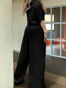 Plus Size Women's Spring/Summer Hot-Selling Casual Daily Commute Solid Color Round Neck Short Sleeve Top And High Waist Pocket Wide Leg Pants Set - Black - View 2