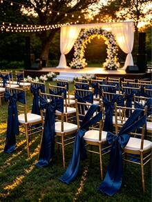 20pcs Wedding Satin Chair Sashes Navy Blue Bows 6x 102 Inches (Approx. 15x260 Cm) Ribbon Fabric Bands Suitable For Banquet, Party, And Other Chair Decorations - Navy Blue - View 6