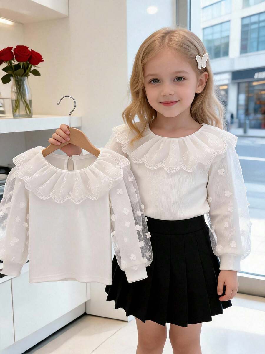 Girls Cute Floral Peter Pan Collar Princess Blouse, Long Sleeve Elastic Pullover T-Shirt, Children Spring/Autumn Outerwear - White - View 1