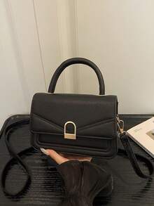 Tas Selempang Kecil Persegi Gaya Korea dengan Tekstur Leci, Model Terbaru 2026, Tas Bahu Kasual Retro untuk Wanita - Hitam - View 2