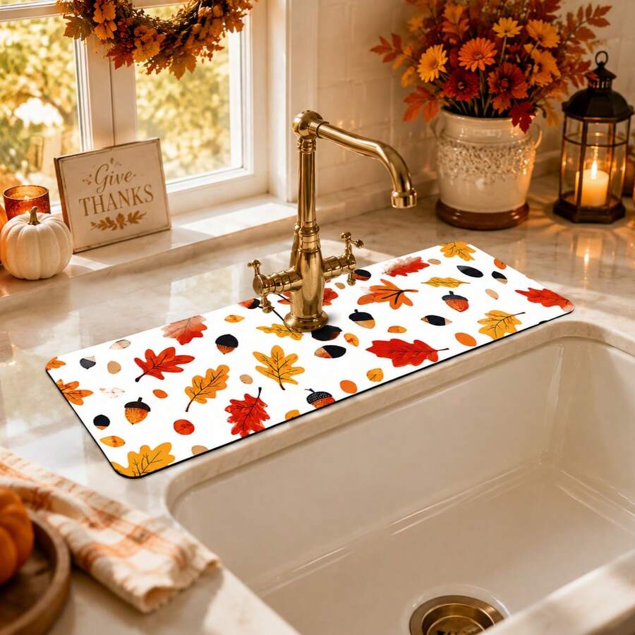 1pc Autumn Pattern Printed Diatomaceous Earth Faucet Water Absorbent Mat, Kitchen Sink Splash Guard, Washbasin Drip Tray, Countertop Water Collection Pad, Faucet Drip Collector, Suitable For Kitchen, Bathroom And Laundry Room - Multicolor - View 1