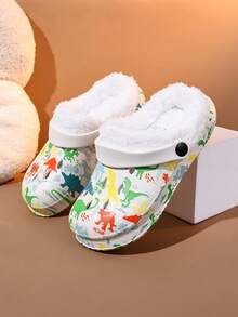 1 Pair Boys Thermal Lined Warm Casual Indoor Dinosaur Print Clogs Suitable For Winter - White - View 3