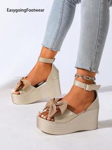 Women's Bow Open Toe Wedge Platform Sandals, Peep Toe Back Strap Ankle Buckle, Suitable For Outdoor, Party, Gathering - Gold - View 3