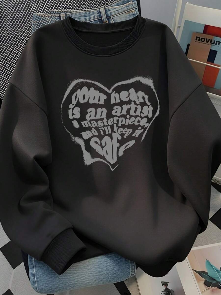 Sweet Cool Style Printed Heart Slogan Crew Neck Sweatshirt, Minimalist Black Slimming Loose Long Sleeve Pullover, Daily Commute Autumn Top - Black - View 1
