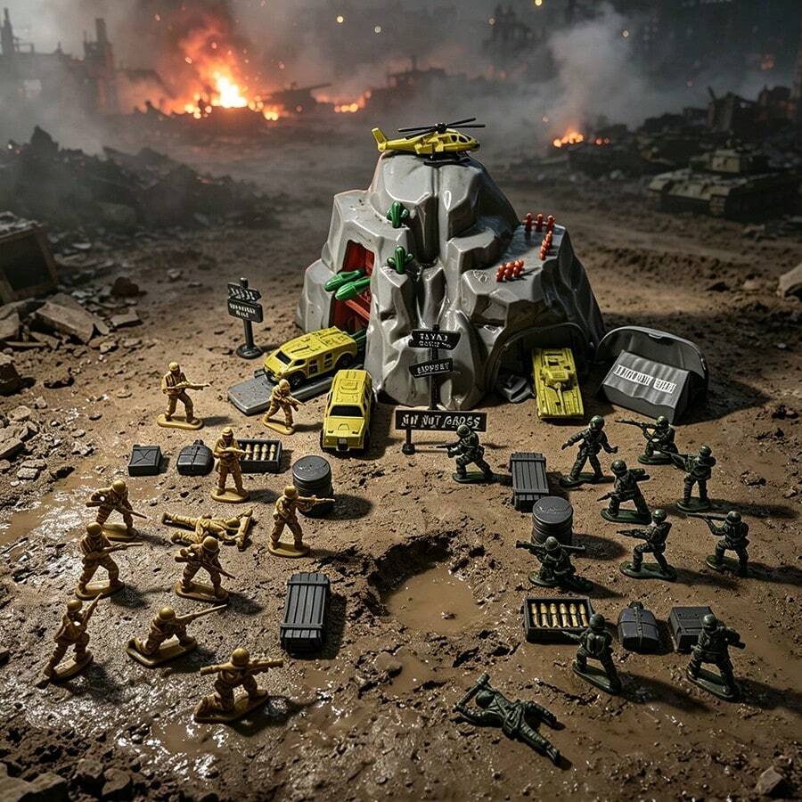 Mountain Outpost Military Base Toy Set With 24 Soldier Figures, 4 Armored Vehicles - Missile Military Vehicle Model, Children's Role Play Birthday Gift, Helicopter - Green - View 1