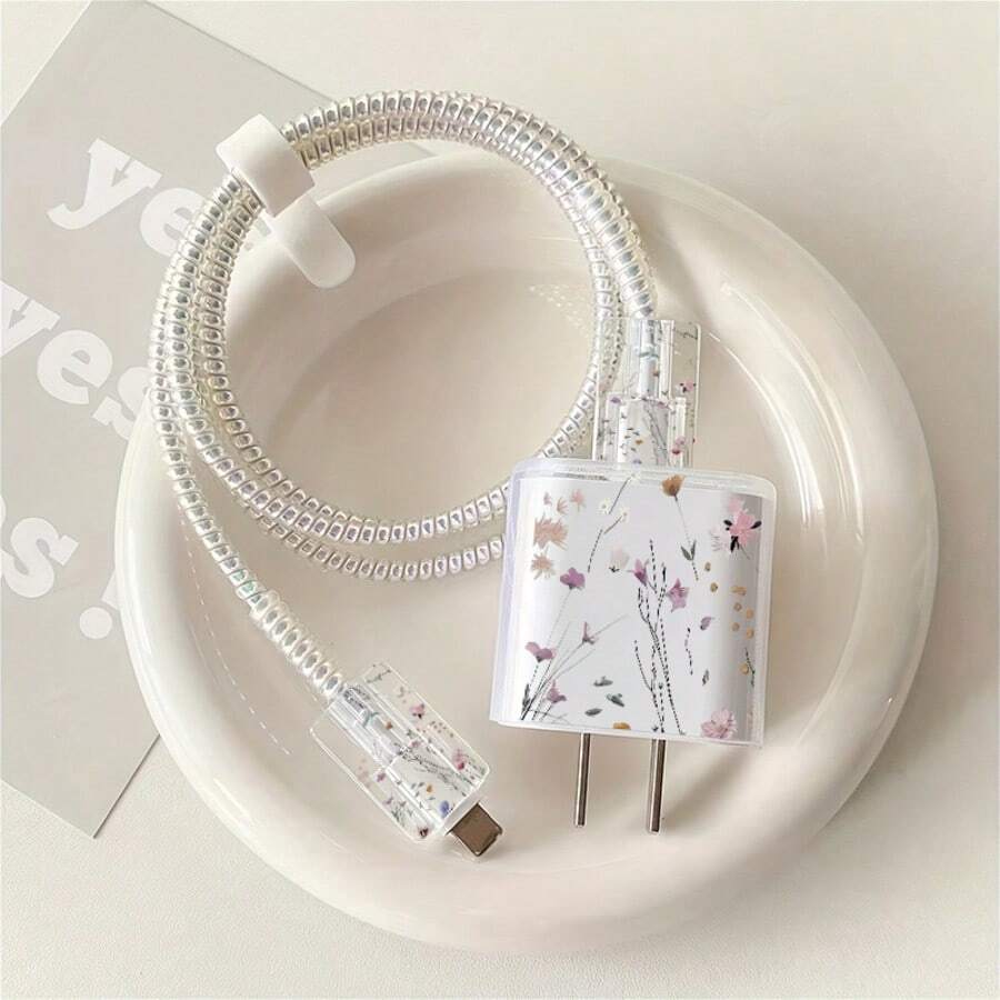 Set de 5 piezas Protector de Cargador de Teléfono con Diseño Plano 2D y Patrón Floral, Cubierta de Cabezal de Cargador + Protector de Cable + Cuerda de Almacenamiento + Protector de Cable de Datos Cuerda Espiral, Adecuado para Cargador 20W/18W - Multicolor - Ver 1