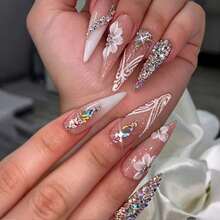 24/12pcs Long Water Drop Shaped Press-On Nails, Shiny Rhinestone Gradient Floral Pattern, Sweet Cool European Style Nail Stickers, Suitable For Women - Multicolor - View 2