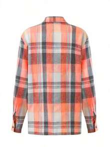 Plaid Button-Down Pocket Long Sleeve Casual Shirt, Checkered Long Sleeve Top With Front Button Pockets For Daily Wear Spring - Orange - View 2