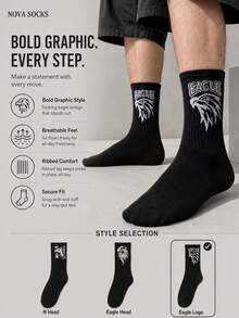1/3 Pairs Men's Mid-Calf Socks With Lettering, Black Socks, Eagle Pattern, Suitable For Outdoor And Indoor, Unisex, Comfortable Fabric, Fashion, Sports, Gift For Men - Multicolor - View 2