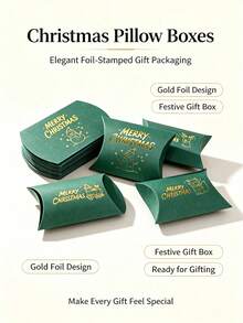 12PCS/Green Christmas Pillow Paper Boxes Gold Hot Stamping 4.53x2.76 Inch Xmas Candy Gift Box 6 Designs Holiday Party Favor Small Present Packaging Box - View 6