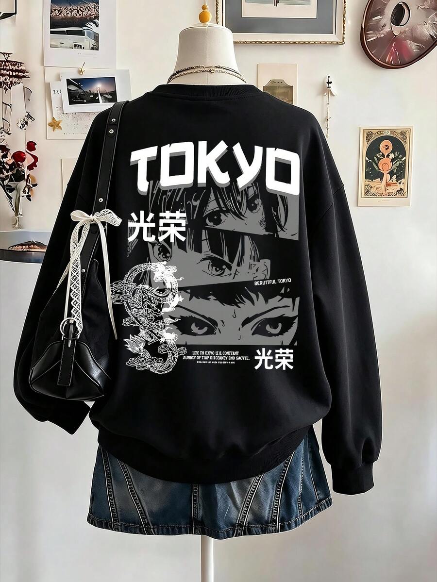 Tokyo Youth & Dragon Grid Print, Soft And Breathable, Women's Plus Size Hoodie, Suitable For Autumn/Winter Wear - Black - View 1