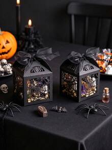 10pcs Halloween Gift Boxes,Hollow Spider Sweet Boxes,Halloween Party Favors,Black Halloween Party Gift Packaging Box,For Halloween Party Table Decor Supplies,Day Of The Dead Party,Halloween Party,Gothic Party Decor - A - View 7