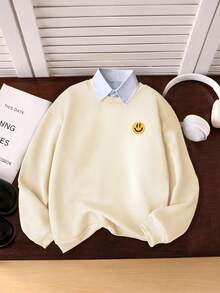 Girls Casual Crew Neck Sweatshirt, Faux Embroidered Smiling Face Pattern, Soft Comfortable Pullover, Autumn/Winter Daily Wear - Apricot - View 2