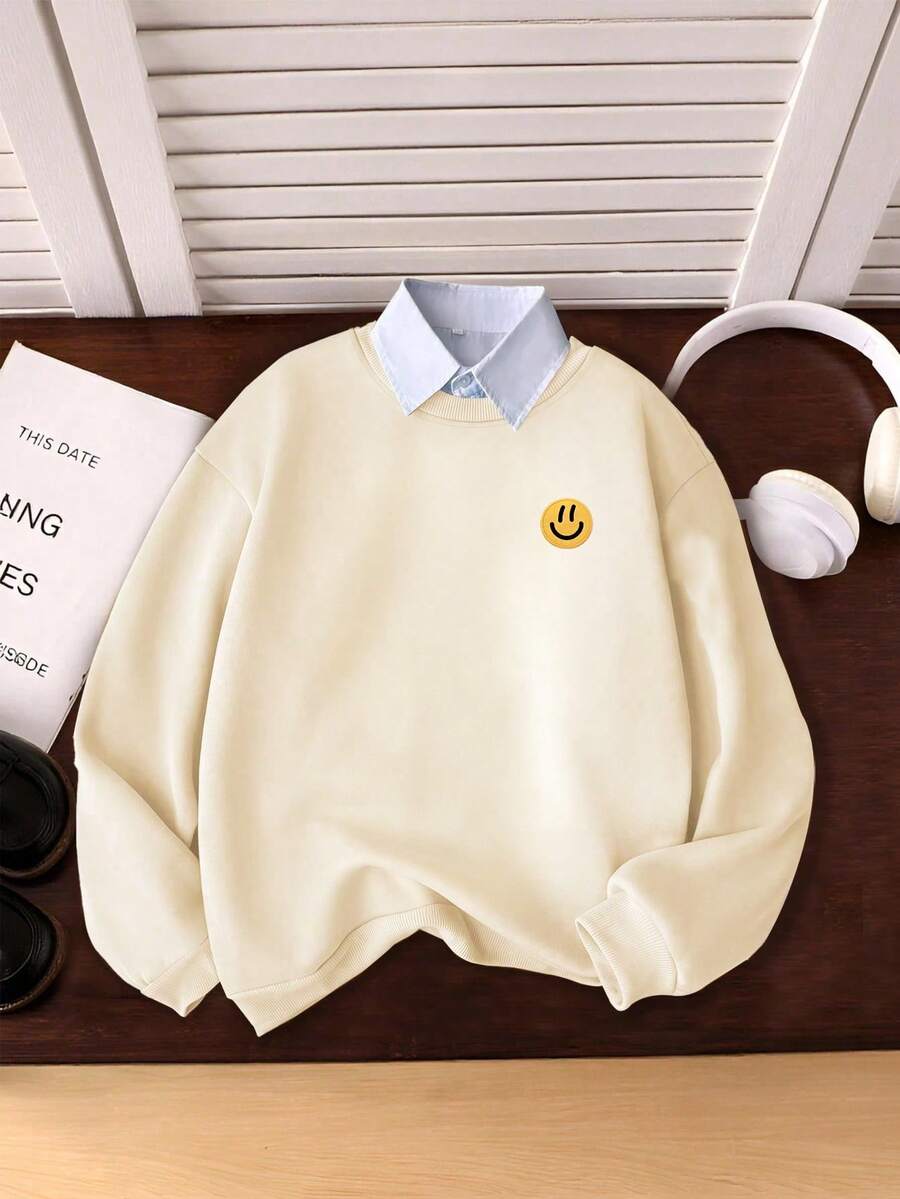 Girls Casual Crew Neck Sweatshirt, Faux Embroidered Smiling Face Pattern, Soft Comfortable Pullover, Autumn/Winter Daily Wear - Apricot - View 1