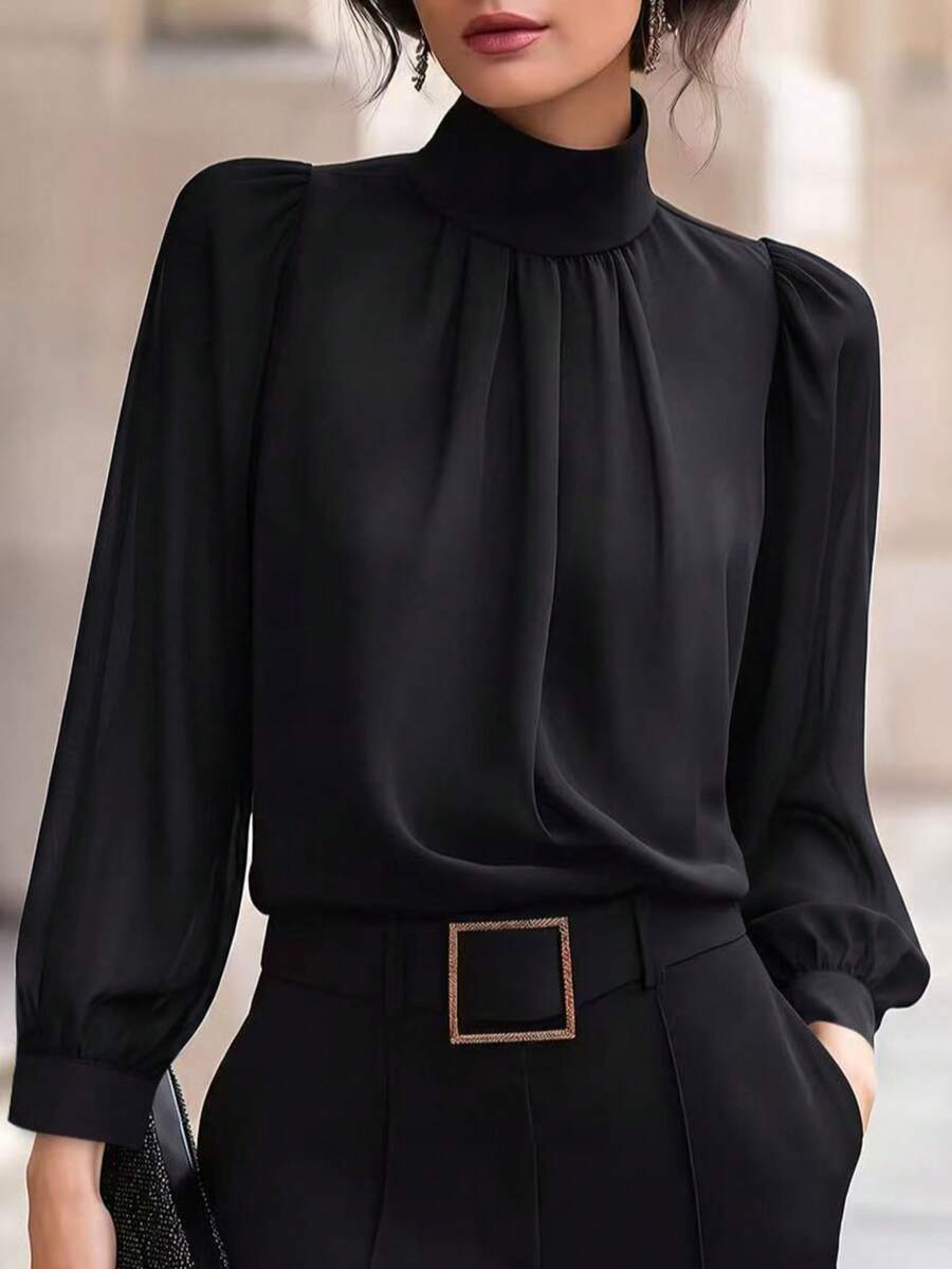 Elegant Women's High Neck Professional Long Sleeve Pullover Blouse, Solid Color Button Front Commuter Wear, Autumn/Winter Black - Black - View 1