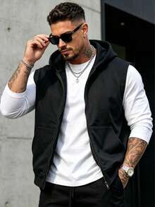 Men's Casual Vest, Solid Color Zipper Hooded Jacket, Lightweight Versatile Minimalist Men's Casual Vest - Black - View 2