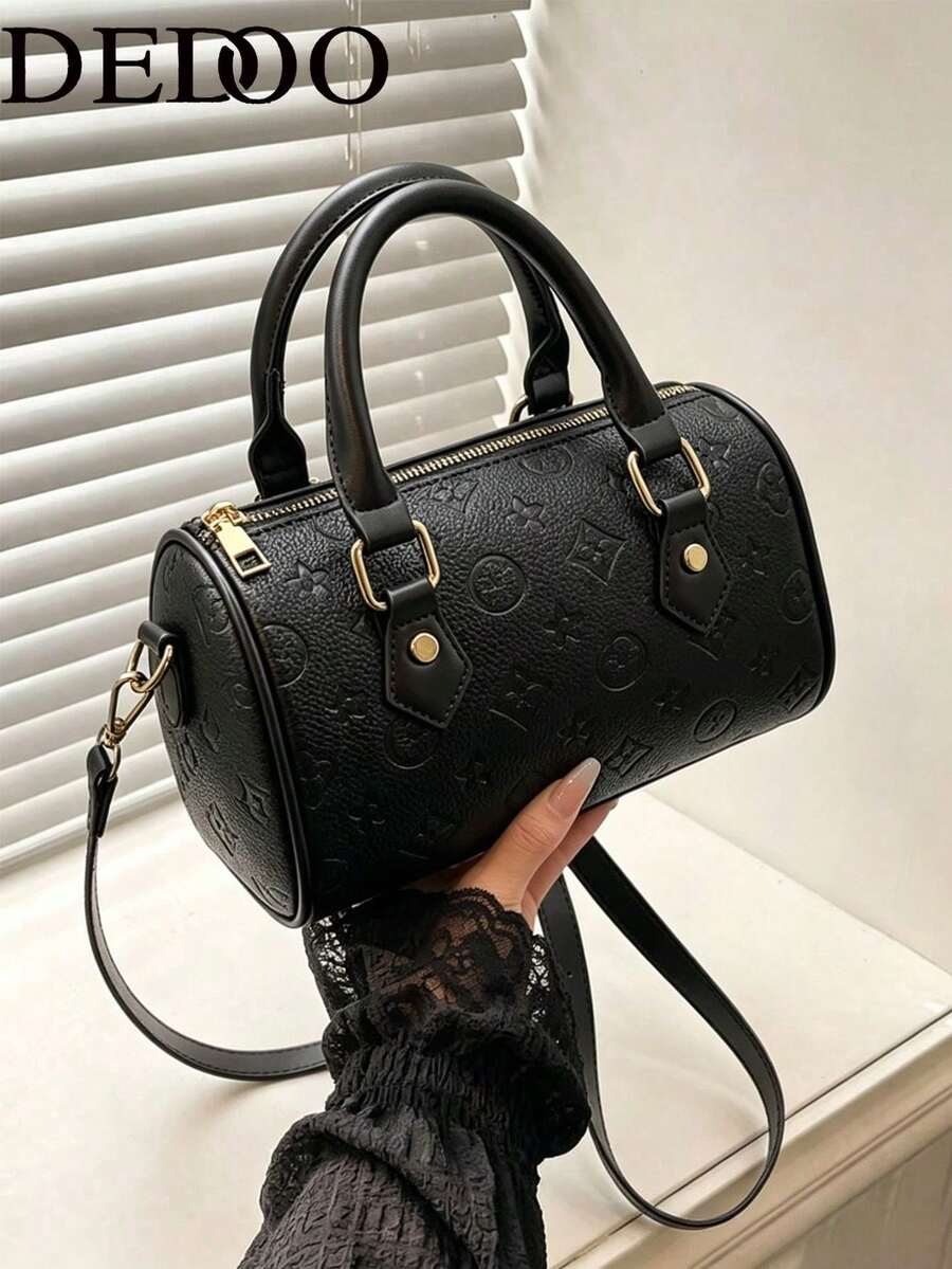 Dedoo 復古印花迷你桶包，附圍巾裝飾，可拆卸肩帶，女款多功能單肩斜挎包
