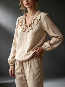 Women Linen‑Look Ruffle Trim Round Neck Blouse, Casual Long Puff Sleeve Lo‑Fit Blouse For Daily Office - Khaki - View 3