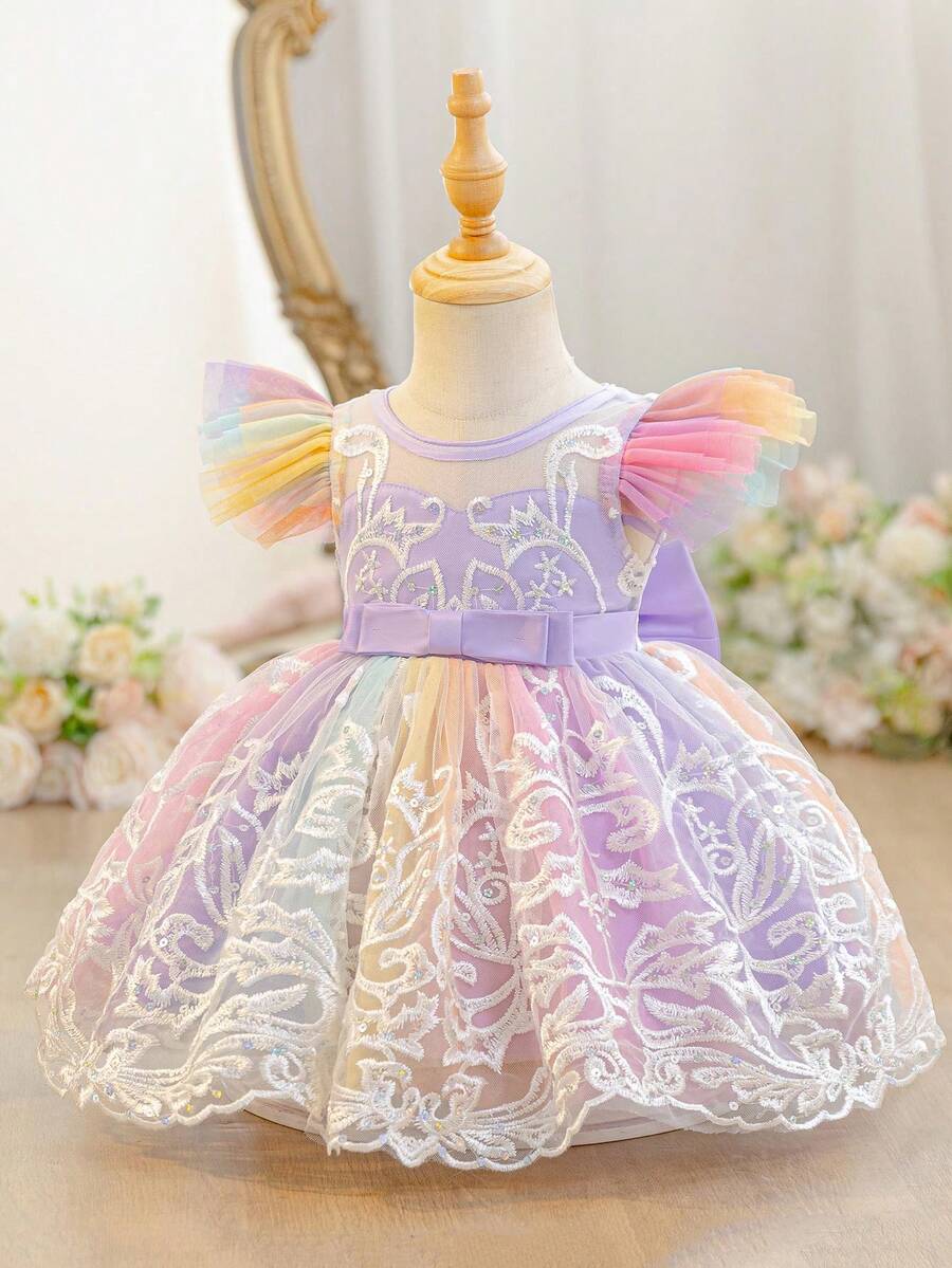 Đầm bé gái thêu nơ trang trí nhiều màu phong cách trang trọng - Nhiều màu - Xem 1