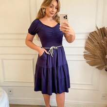 Vestido Feminino Midi Três Marias em Tecido malha viscolycra Casual elegante Fofo Com cinto verão - Azul Marinho - Visão 2