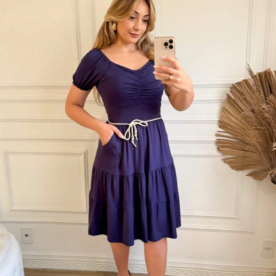 Vestido Feminino Midi Três Marias em Tecido malha viscolycra  Casual  elegante  Fofo    Com cinto    verão