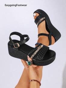 Women's White Fashionable Crossed Elastic Band Comfortable Wedge Sandals,Spring Summer Outfits - Black - View 7