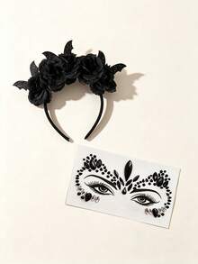 2PCS Halloween Party Headband Set - Includes Flower & Bat Decorated Headbands, Black Rhinestone Stickers - Multicolor - View 6