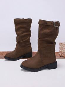 1 Pair Girls' Ruched Fabric High-Top Boots, Round Toe, Side Buckle, Chunky Low Heel, Vintage Slouch Boots, Suitable For Campus, Daily Wear, Outdoor Outings - Brown - View 1